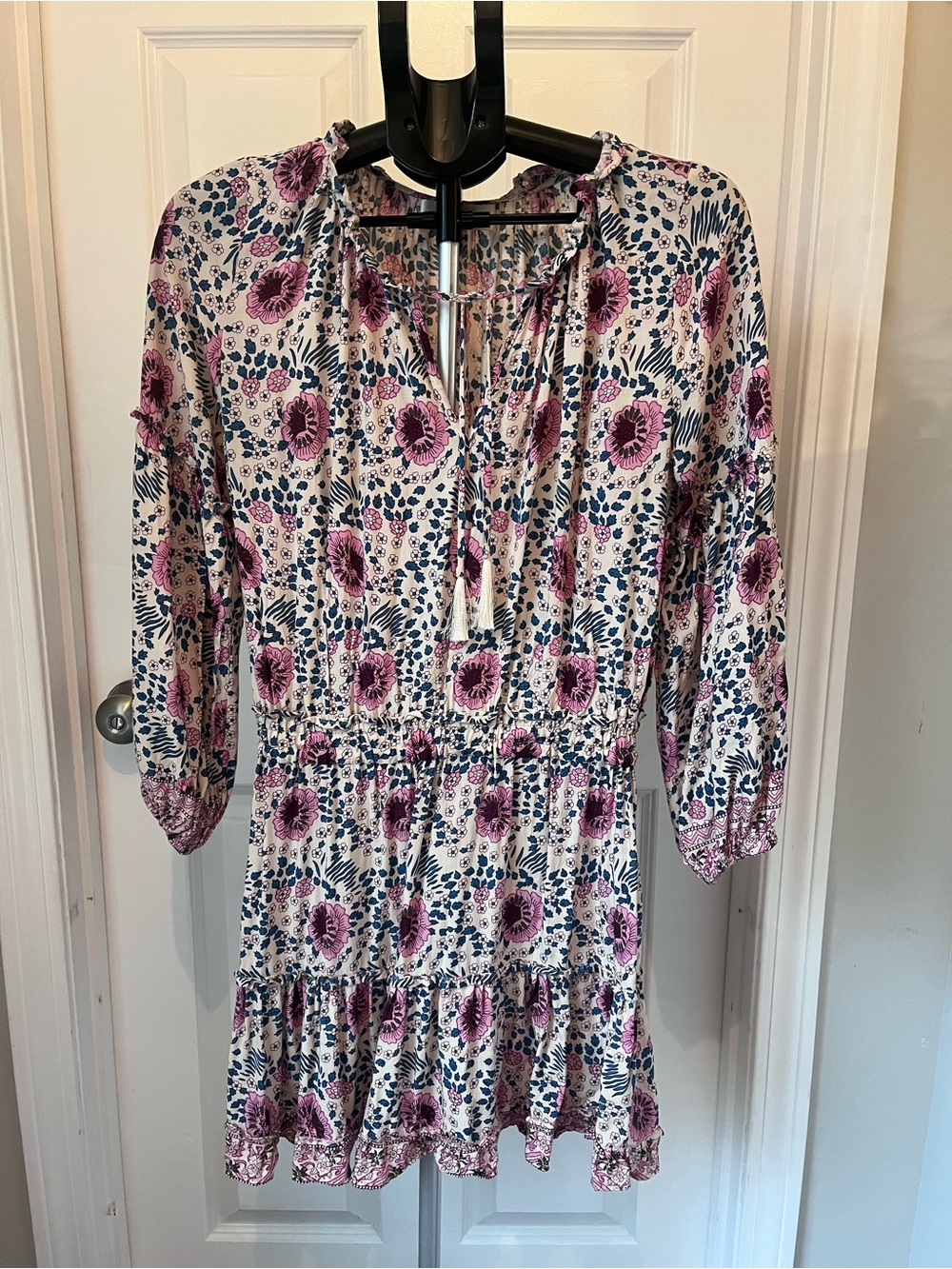 Natalie Martin Pink, Beige, and Teal Floral Tie-Neck Mini Dress - Size Medium